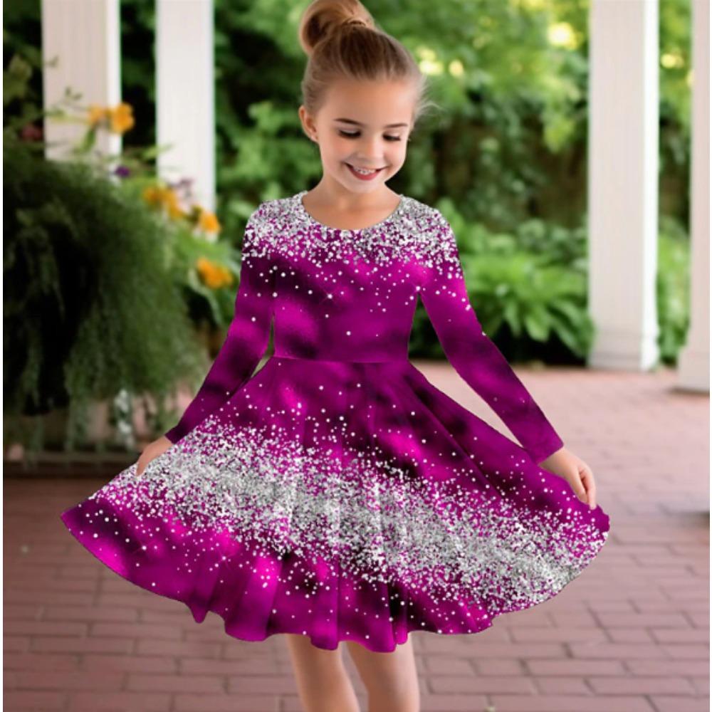 Mädchen Lässiges 3D-Blitzmuster-Print Rundhals-Langarmkleid Kinder Prinzessinnenkleid