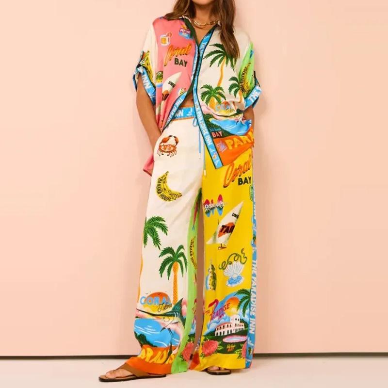 1116 Women's Christmas Fashion Set 1D Printed Autumn Casual Wide Leg Pants Cardigan Shirt