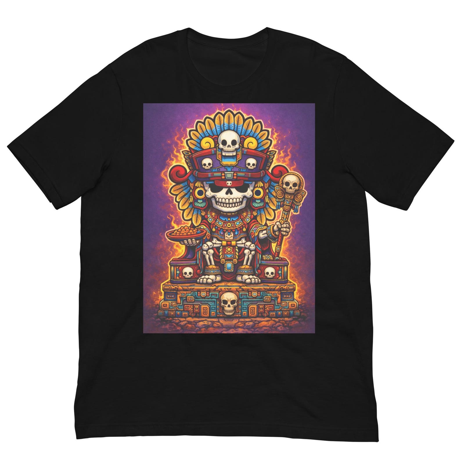 Aztec Skull King Shirt, Cute Aztec Skeleton Tee, Day of the Dead Warrior T-Shirt, Chibi Aztec God Graphic, Mexican Heritage Art M