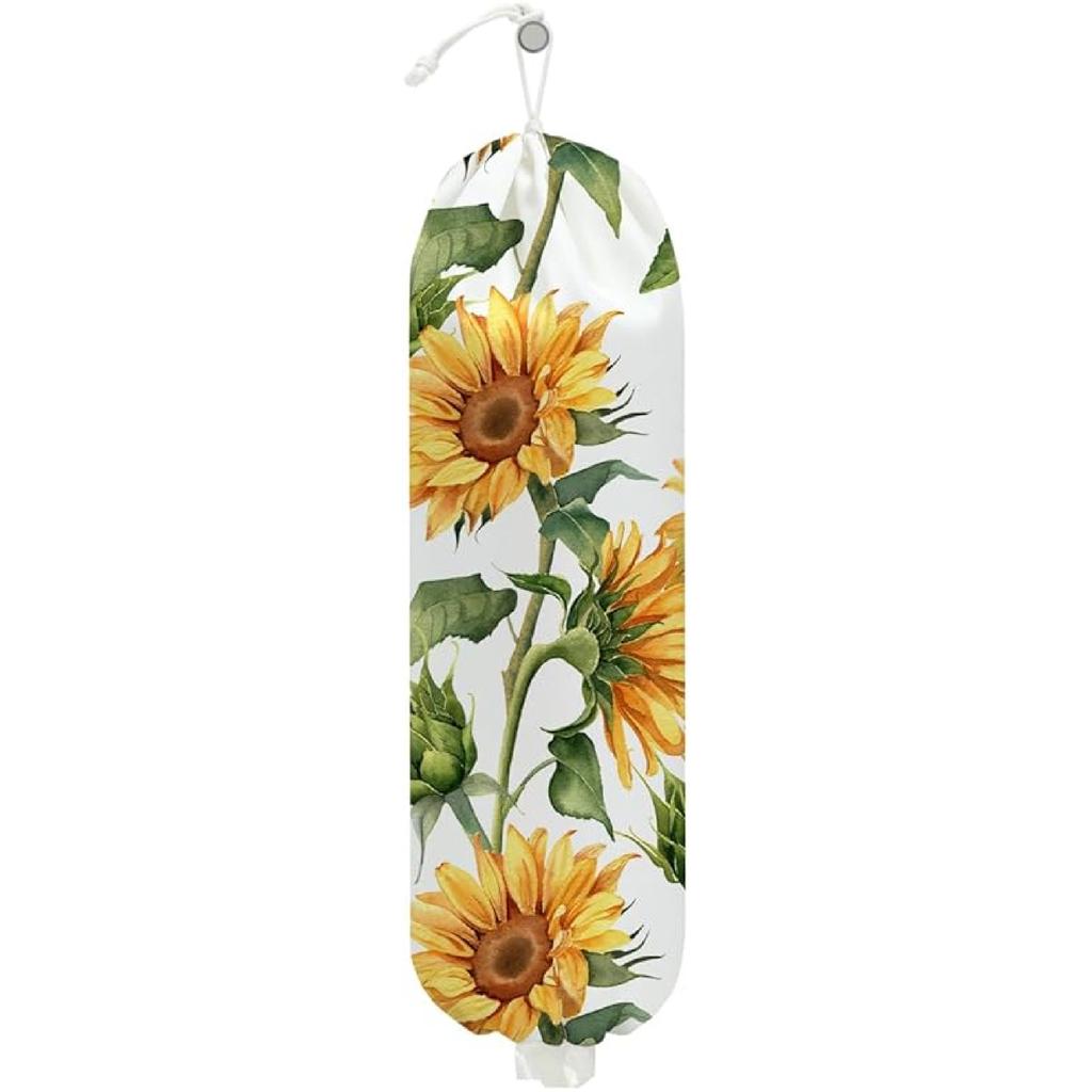 2Pcs Bee Plastic Bag Holder, Wall Mount Grocery Bag Holder for Plastic Bags, Sunflower Reusable Grocery Bags Storage Dispenser for Home Kitchen