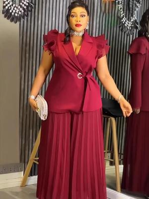 Curvy Women's Wine Red Ruffle Sleeve Suit: Waist-Cinched Slimming Pleated Wide-Leg Pants Set
