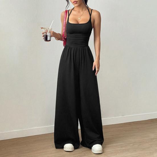 Workout Jumpsuits for Women Spaghetti Strap Sleeveless One Piece Overalls Wide Leg Long Pants Rompers Sexy Backless Yoga Outfits