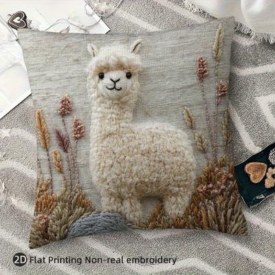 2D Flat Printing Vintage Alpaca Embroidery Throw Pillow Cover -Non-real Embroidery, Soft Plush Polyester