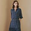 MAXZA Alphabet Pattern Belted Shirred Shirt Long Dress