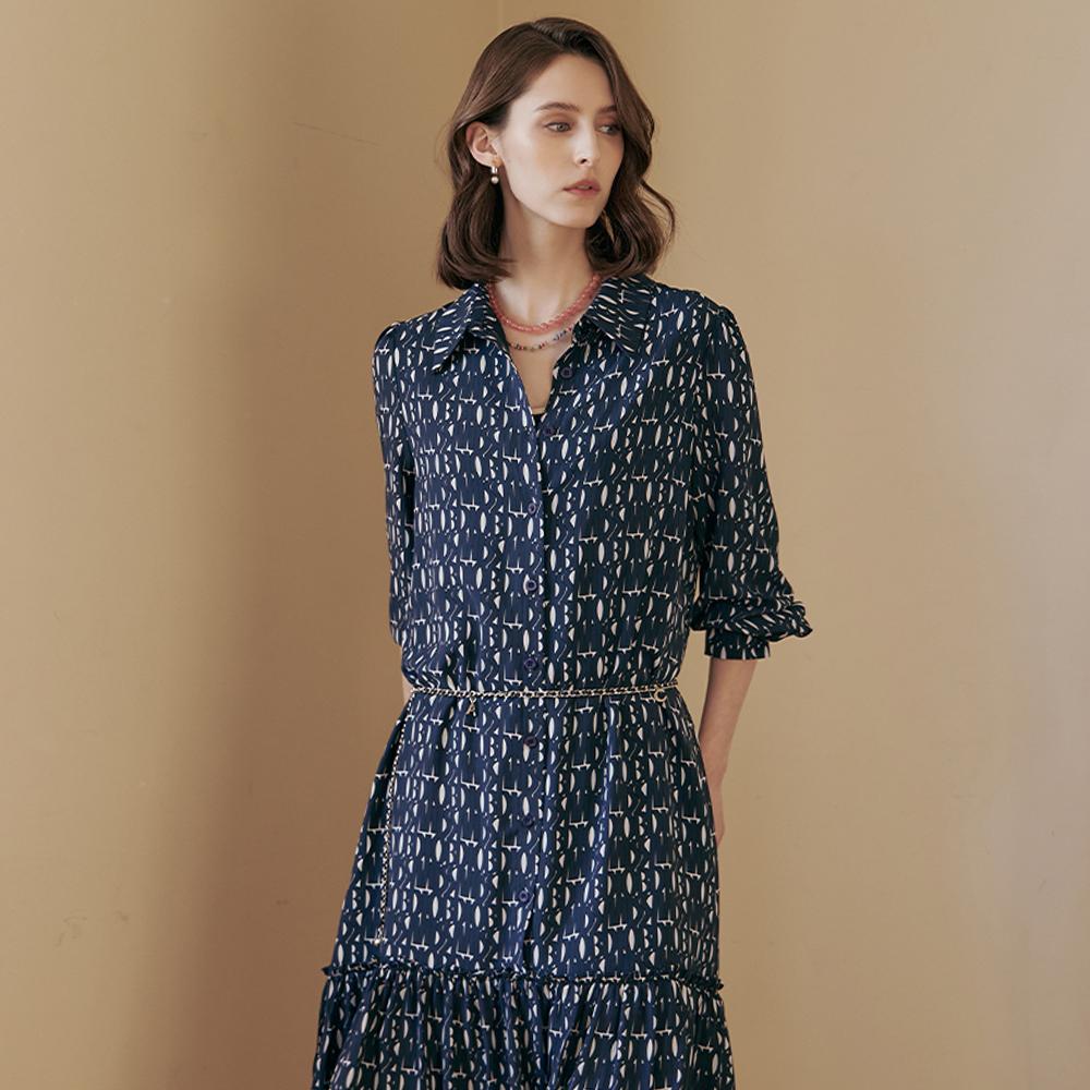 MAXZA Alphabet Pattern Belted Shirred Shirt Long Dress