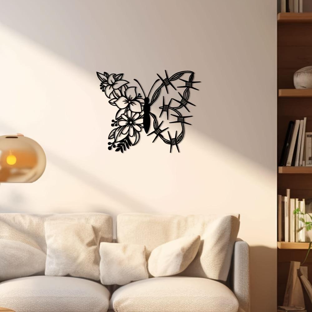 1pc Metal Butterfly Flower Wall Art, Indoor Outdoor Home Decor for Farmhouse Living Room Bedroom Porch Fence Garden Courtyard