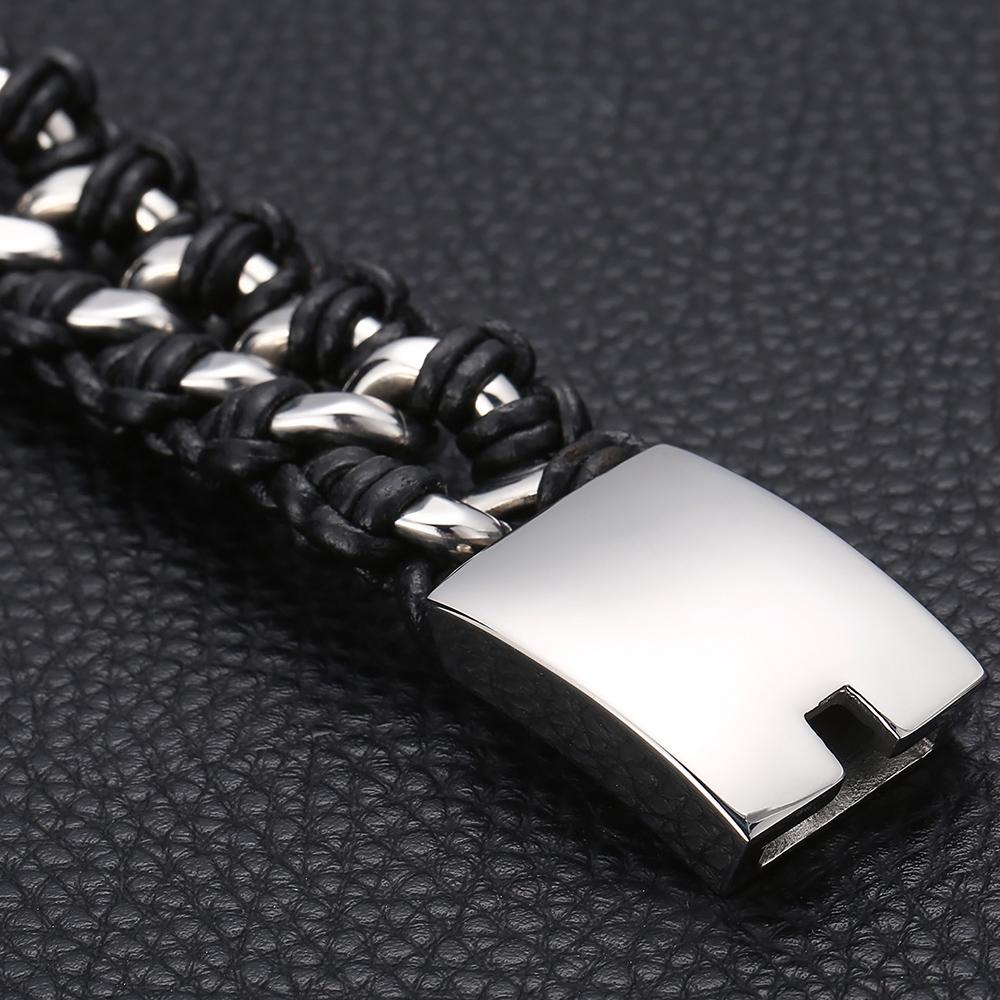 Herren 22MM Poliertes Edelstahl Kubanische Kette Armband für Herren Geflochtenes Leder Wickelarmband Armband Männliches Schmuckaccessoire