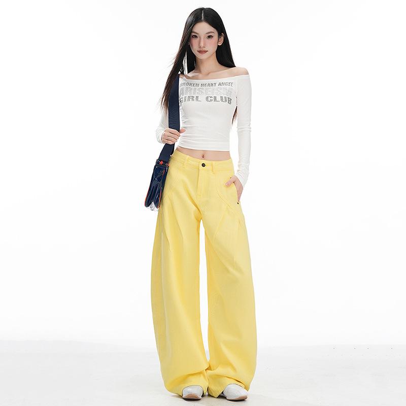 Women's American-Style Wide-Leg White Jeans: Autumn/Winter Pleated Casual Straight Floor-Length Pants
