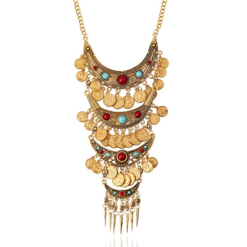 Fashion Retro Ethnic Style Exaggerated Alloy Electroplating Necklace Bohemian Turquoise Wings Fringed Necklace