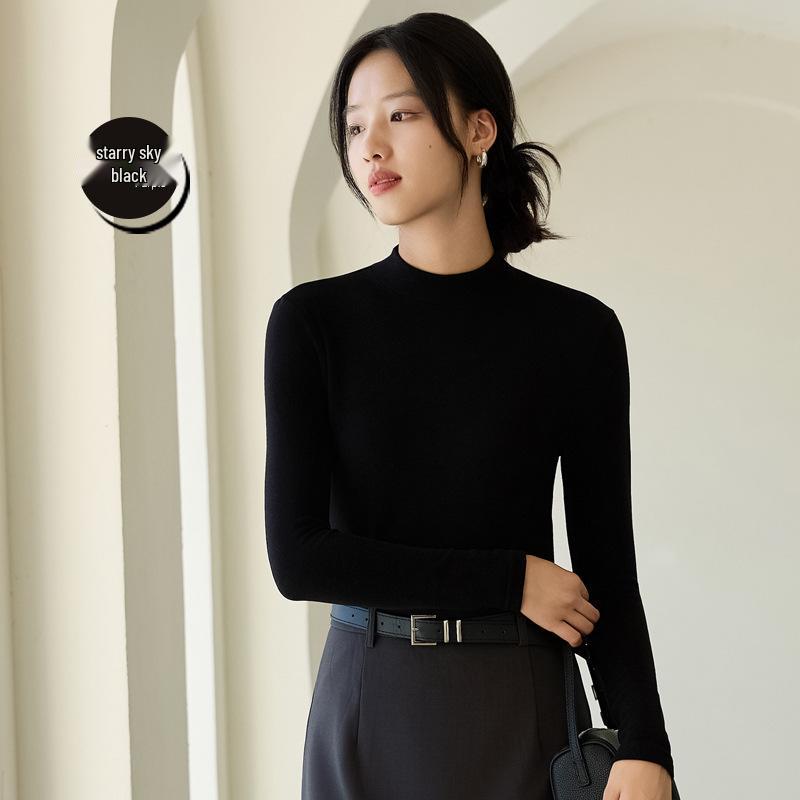 

Женский базовый топ из шерсти, тенсела и лиоцелла в корейском стиле с полувысоким воротником и длинными рукавами - Теплое нижнее белье Mia Biya Extra Large