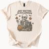 Halloween Skeleton Shirt Just Waiting For Halloween Graphic Tee with Pumpkin Black Cat Bats Leaves Spooky Fall Shirt