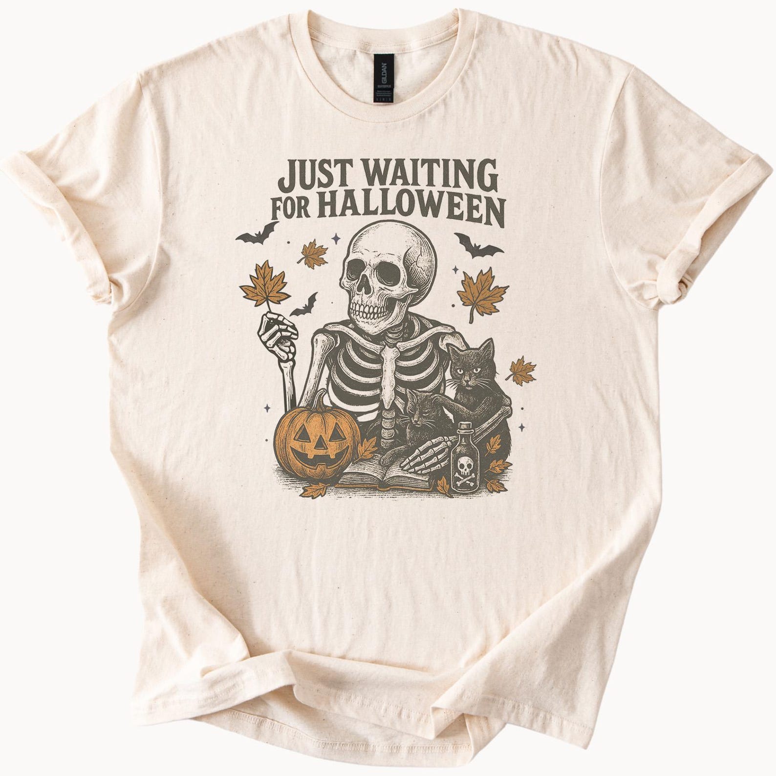 Halloween Skeleton Shirt Just Waiting For Halloween Graphic Tee with Pumpkin Black Cat Bats Leaves Spooky Fall Shirt 100