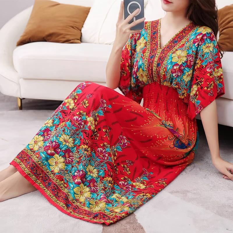 Ethnic Style V-neck Cotton and Silk Short-sleeved Beach Dress Thailand Travel Dress Summer Print Vacation Floral Skirt