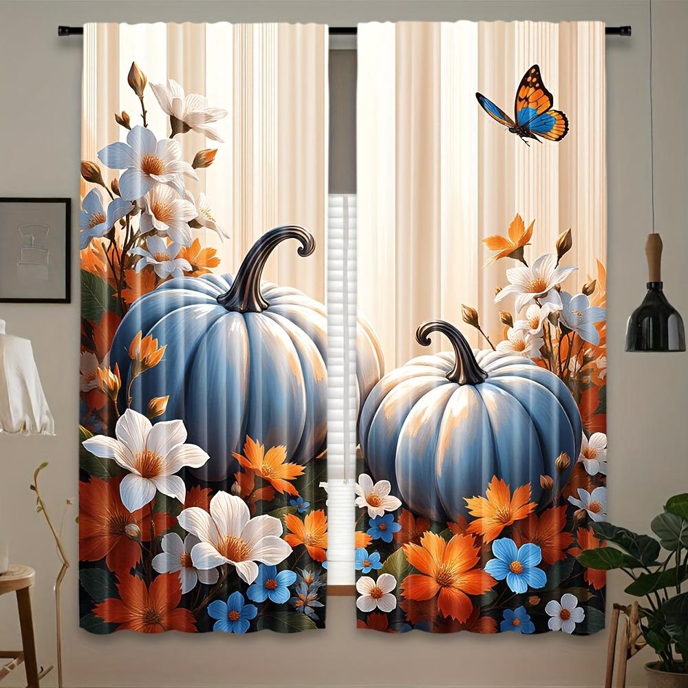 2PCS Thanksgiving Fall Curtains, Blue Pumpkin Floral Butterfly, Digital Print, Bedroom Living Room, Office, Rod Pocket