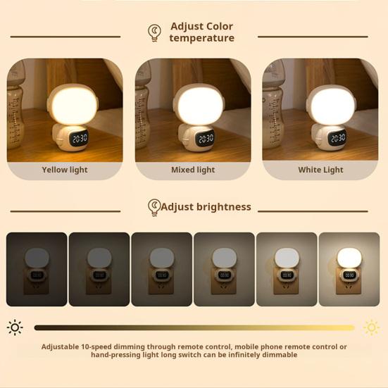 LED Night Light Plug-in with Clock Remote Control Flicker Free Eye Protection 3 Light Colors Dimmable Night Lamp