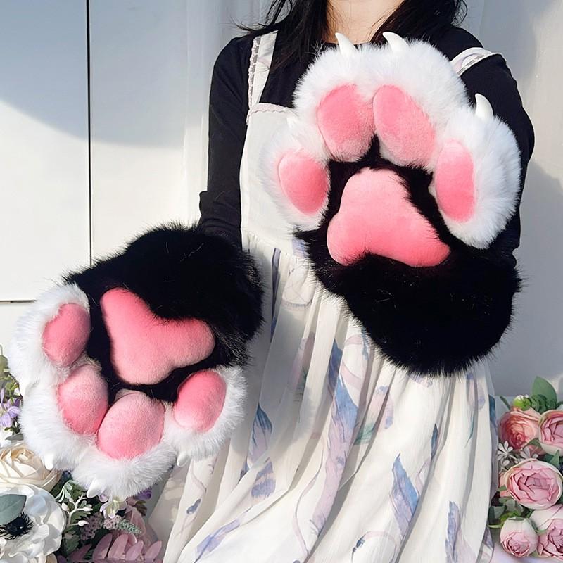 Furry Animal Paw Gloves Cosplay Party Costume Accessory Handmade Knitted Cat Style Soft Plush Unisex One Size
