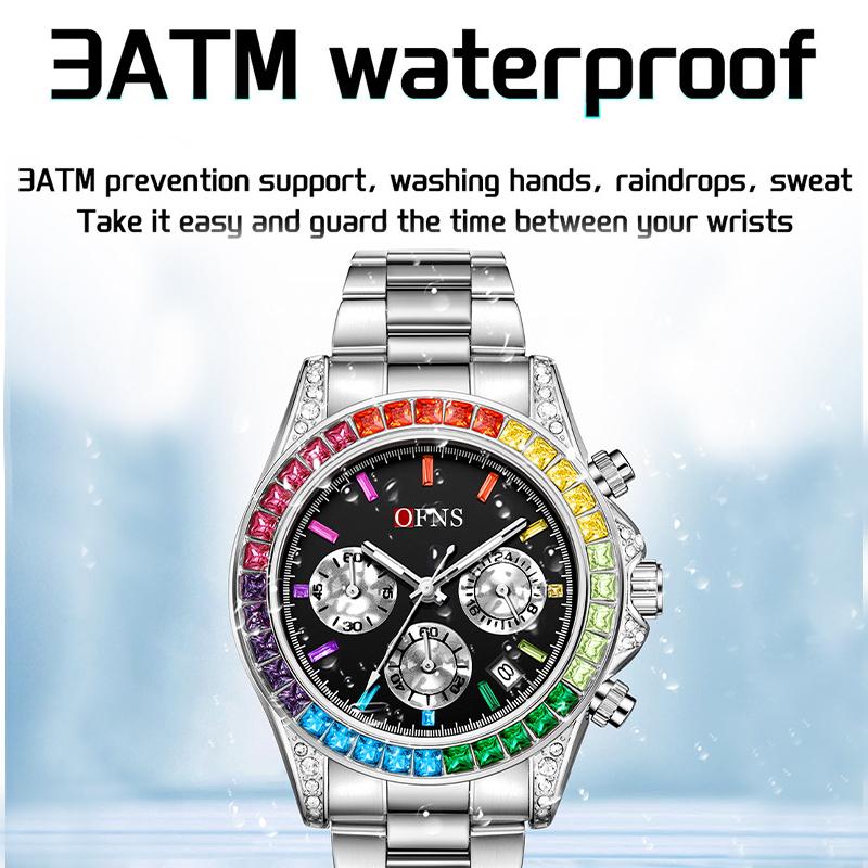 Quartz Luxury Mens Round Imitation Color Diamond Watches Movement Waterproof Men Wristwatches Week Display Male Clock