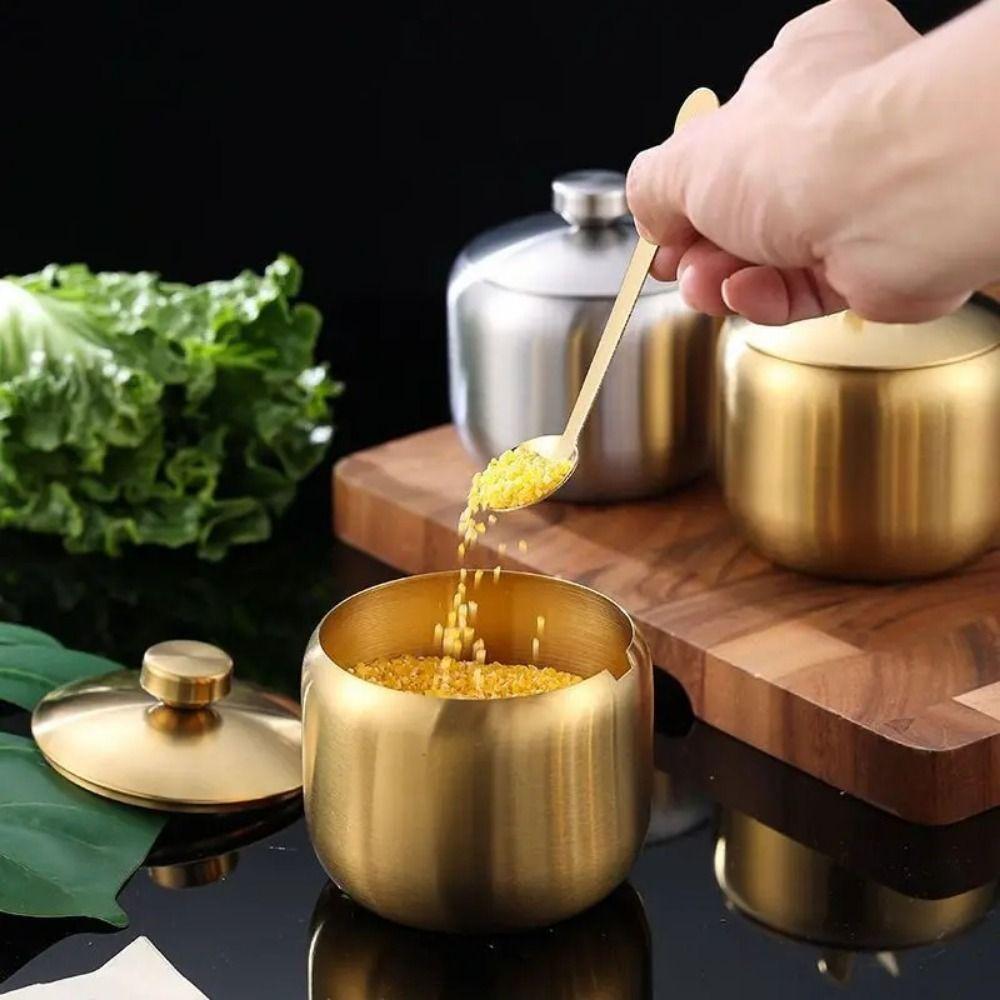 With Spoon Lid Storage Jar Stainless Steel Small Condiment Container Useful Sugar Bowl  Salt