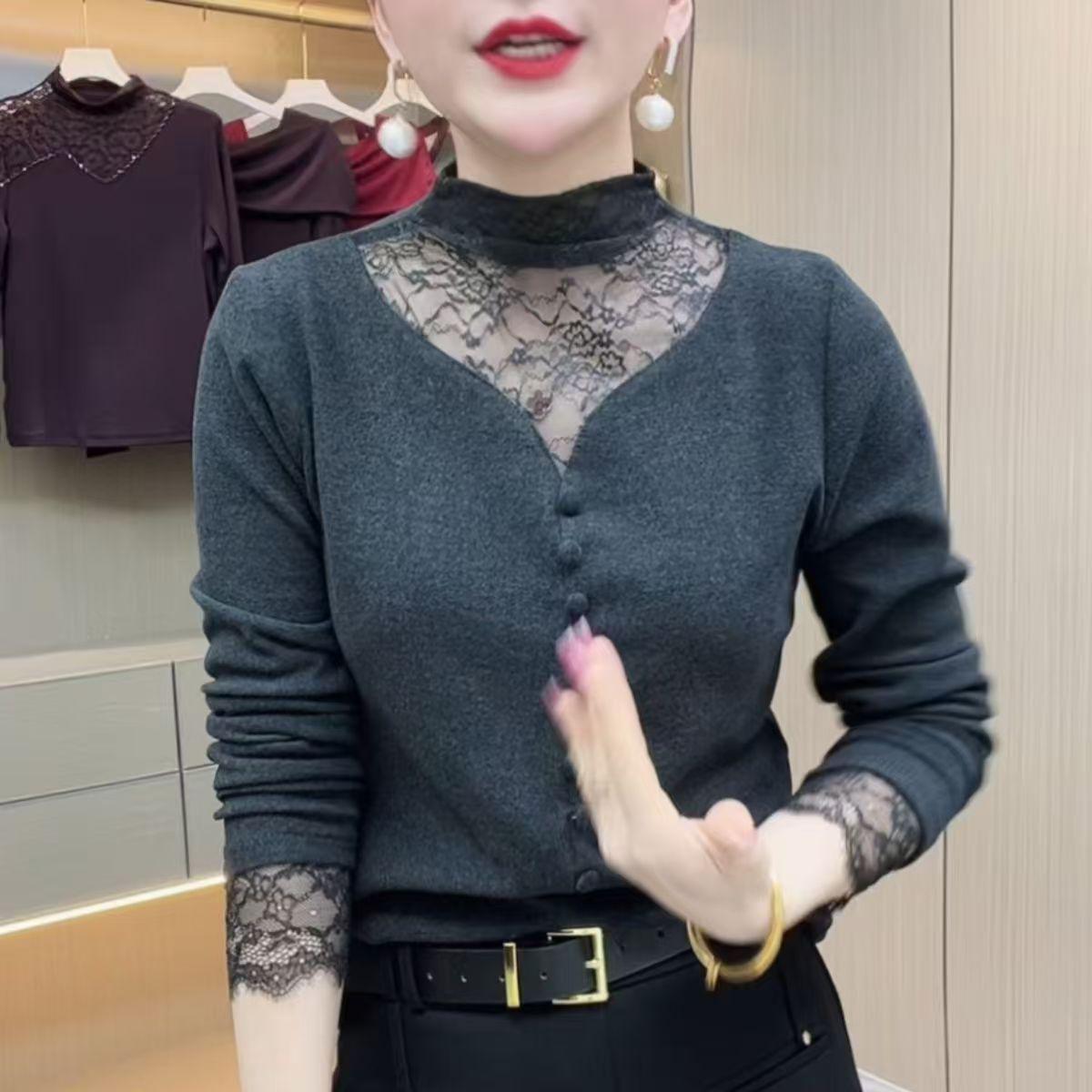 Chic Lace Mesh High Neck Long Sleeve Tummy-Concealing Top for Women 5XL серый