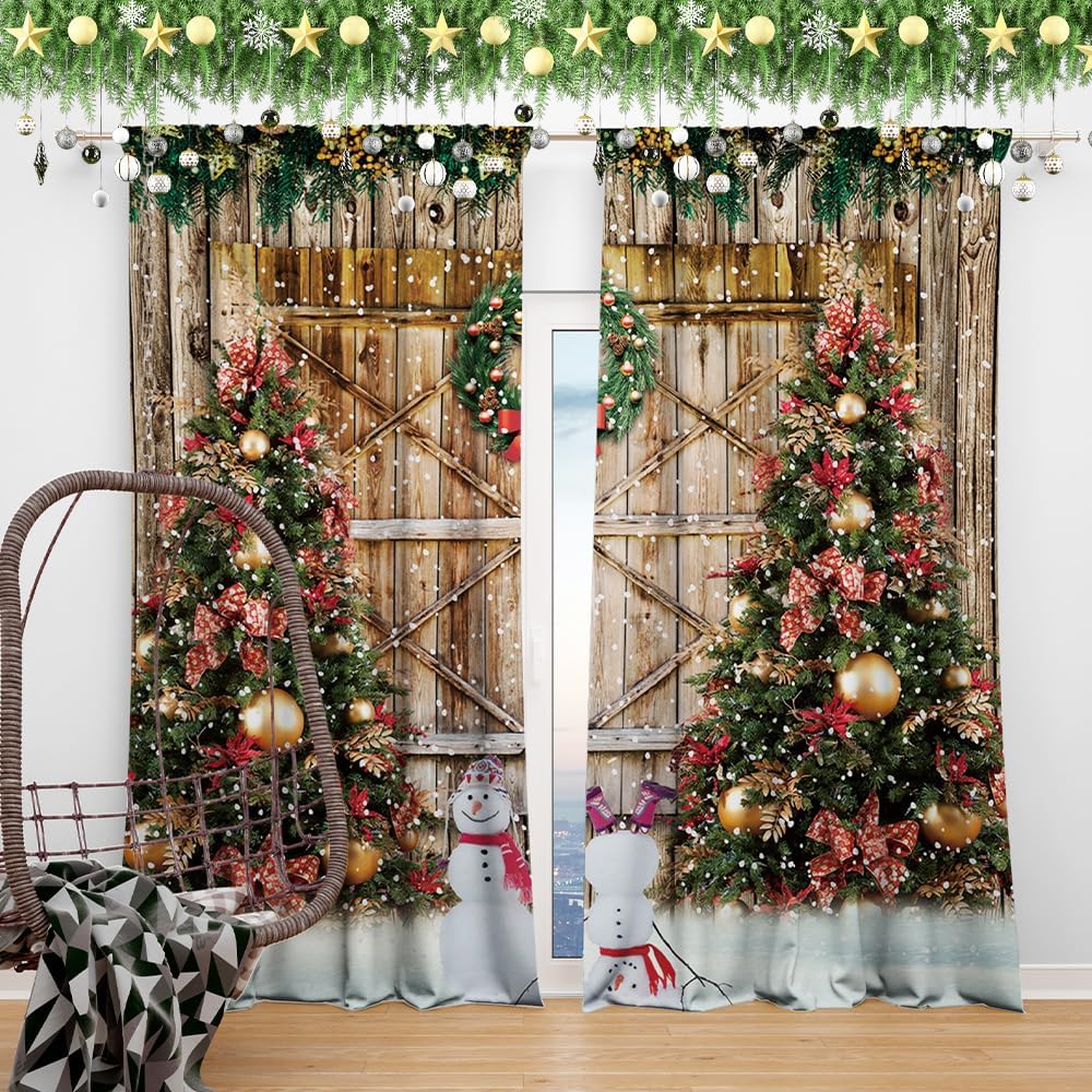 Christmas Snowflake Window Curtains Xmas Ornaments Coniferous Pine Tree Tinsel Theme Bedroom Living Room Decorative Curtain Polyester Perfect For Area