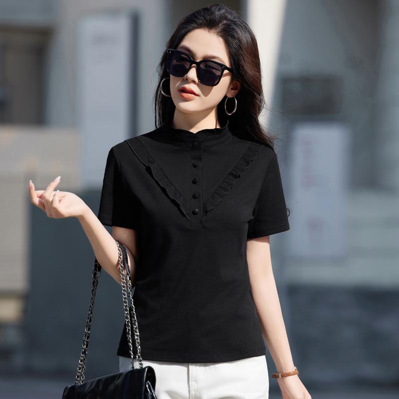 Summer Women's Stand-up Collar Lace Cotton Slim Thin Short-sleeved Versatile Temperament T-shirt