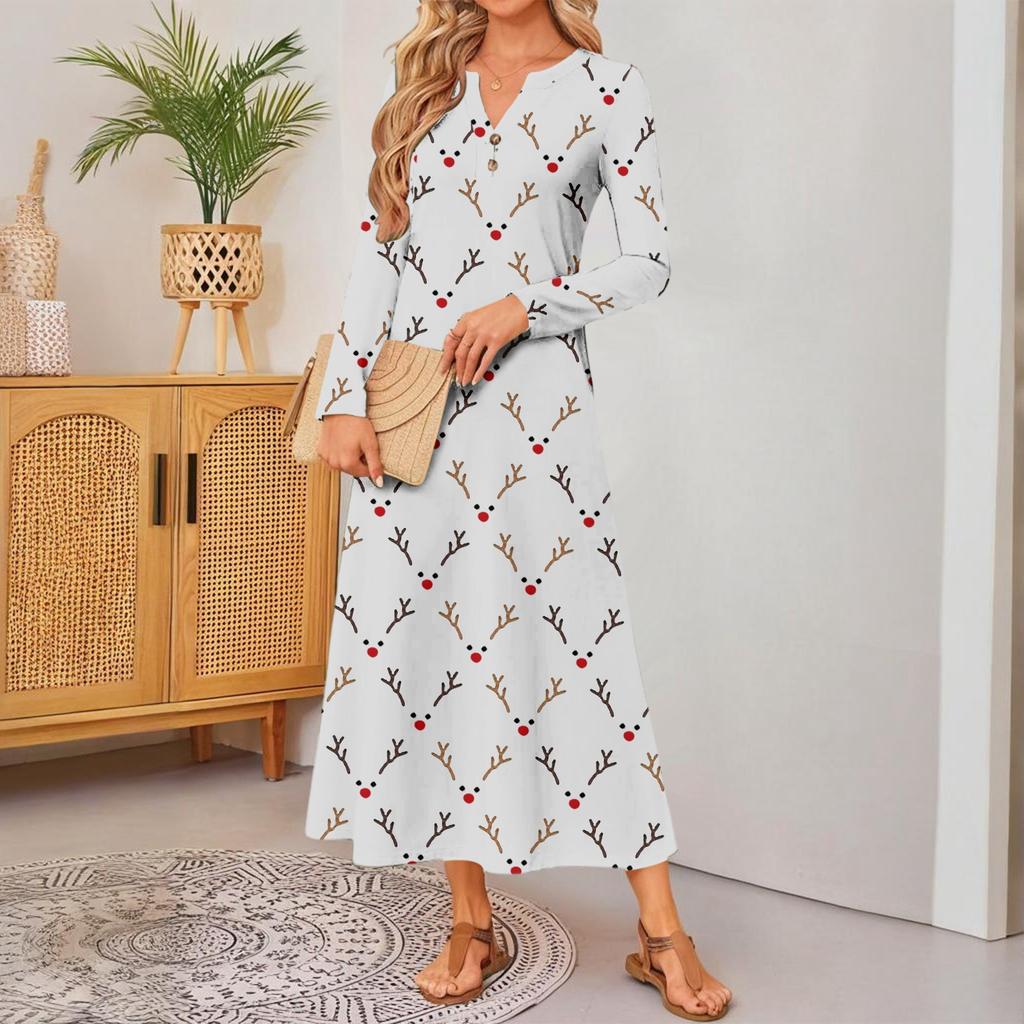 women's cute printed long-sleeved comfortable loose dress, elegant dress