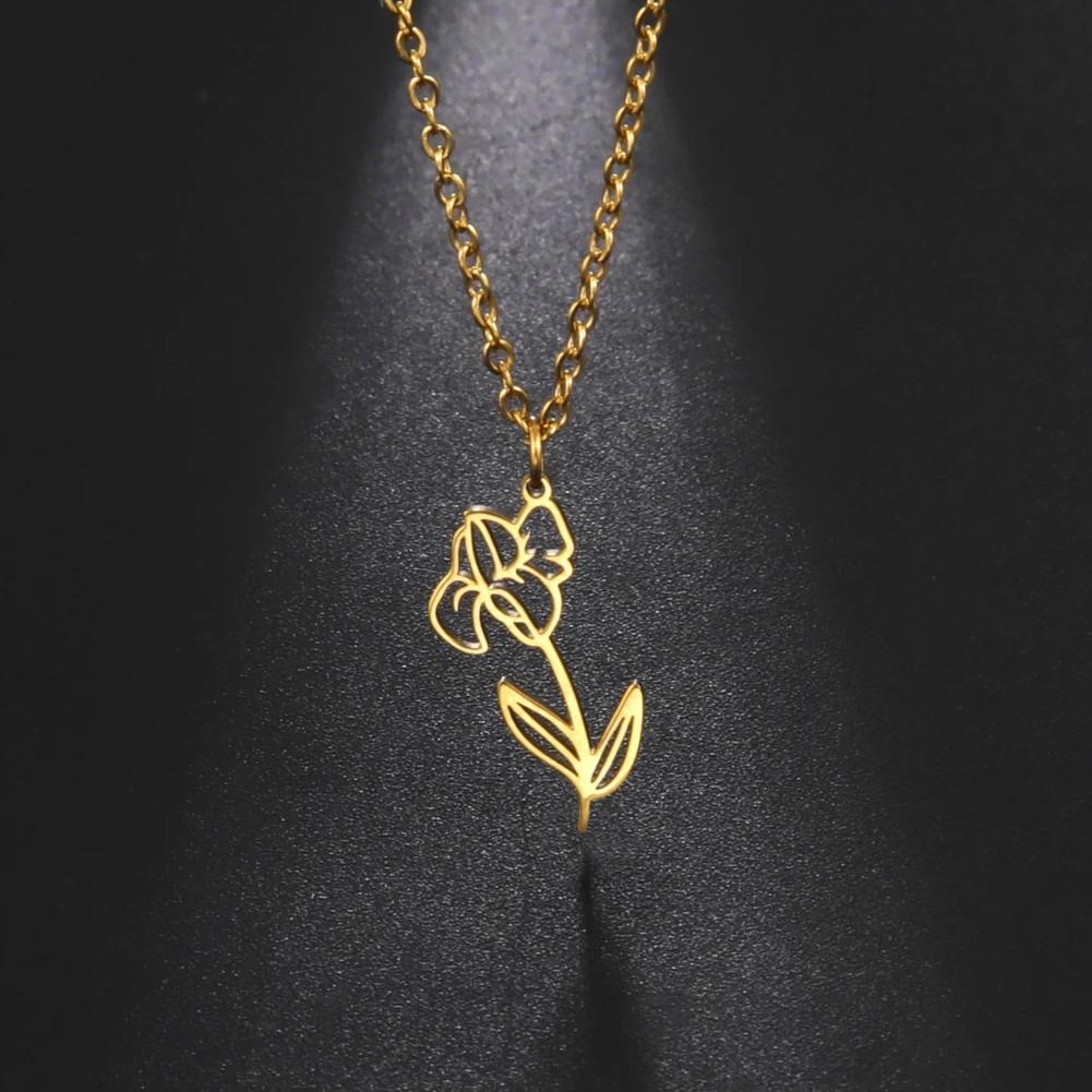 Stainless Steel Birth Month Flower Necklace Snowdrop Daisy Rose Pendant Neck Chains Trendy Jewelry Birthday Gift