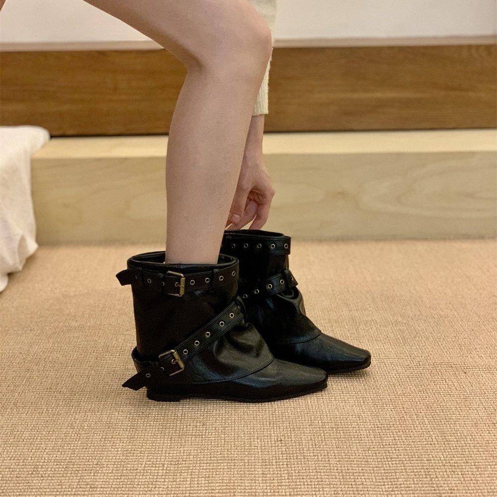 American Spice Girls Belt Buckle Pants Boots Fashion Western Cowboy Boots Autumn and Winter Retro Square Martin Boots