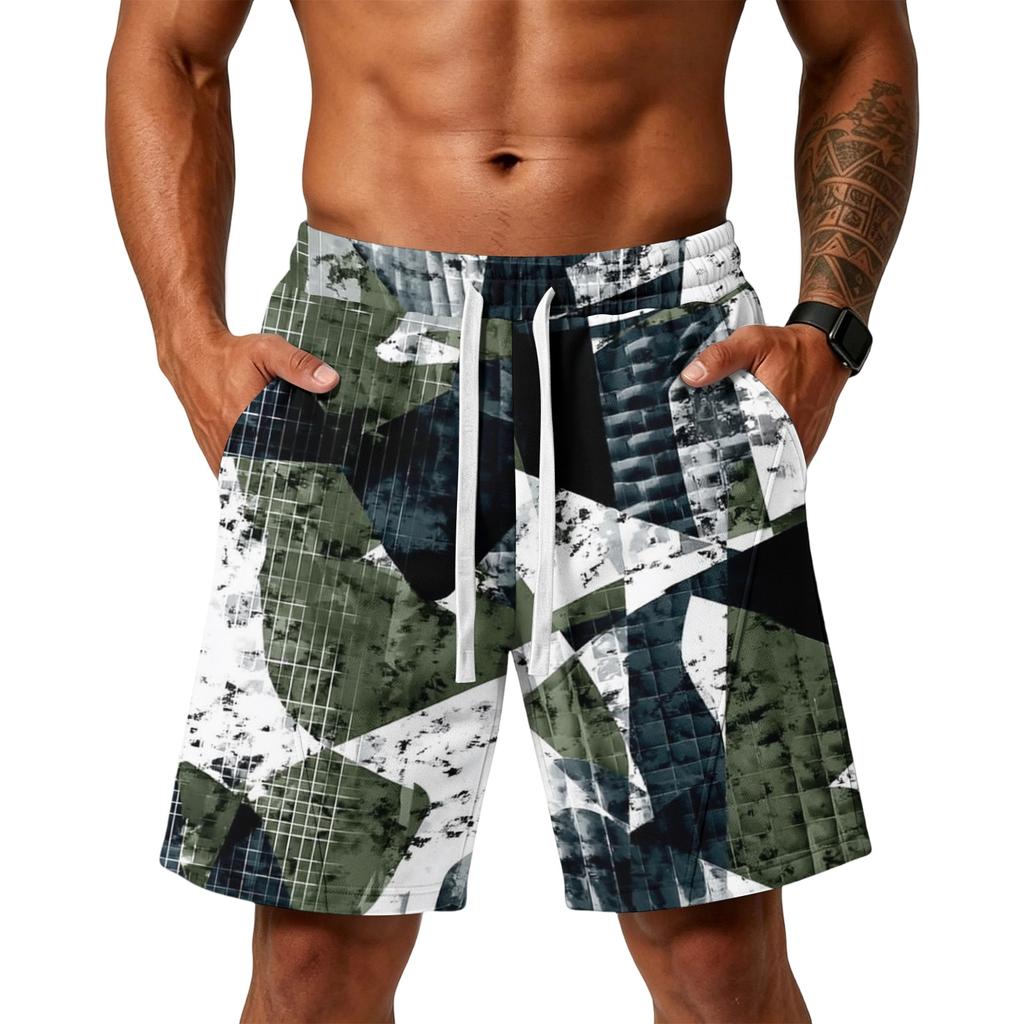 Herren lockere Camouflage-Print Sport Trainings Gym Strandshorts mit Taschen Elastischer Bund und Kordelzug für Outdoor-Aktivitäten