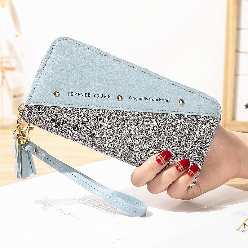 Women's Long Zipper Wallet: Korean Style Patchwork with Tassel & Rivet Phone Bag