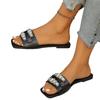 Damen Gelbe Flache Hausschuhe Sommer Neue Damen Sandalen mit Metallschnalle Quadratische Spitze Weich Rutschfest Outdoor Strand Damenschuhe