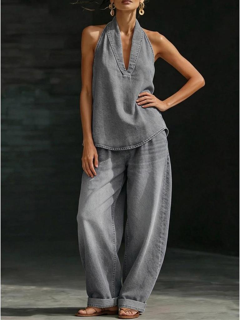 Spring Collection: Women's Retro Frog Button Denim Vest & Wide-Leg Long Pants Set