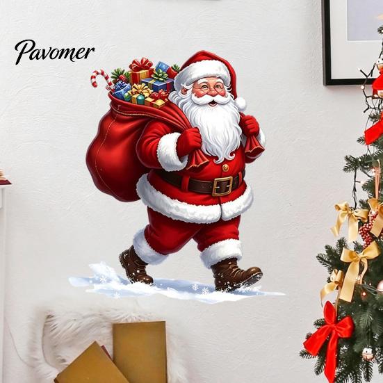 Festive Wall Murals Christmas Stickers, Cartoon Santa Claus Carrying Bag Decal, Peel And Stick Holiday Glass Stickers Full of Gifts DIY Art for Winter