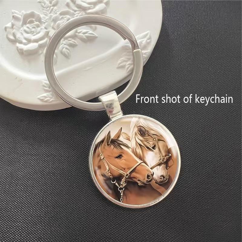 2026 Year Of The Horse Keychain Zodiac Animal Horse Pattern Circular Glass Pendant Keychain Backpack Hanging Decor  Year Gift as the picture