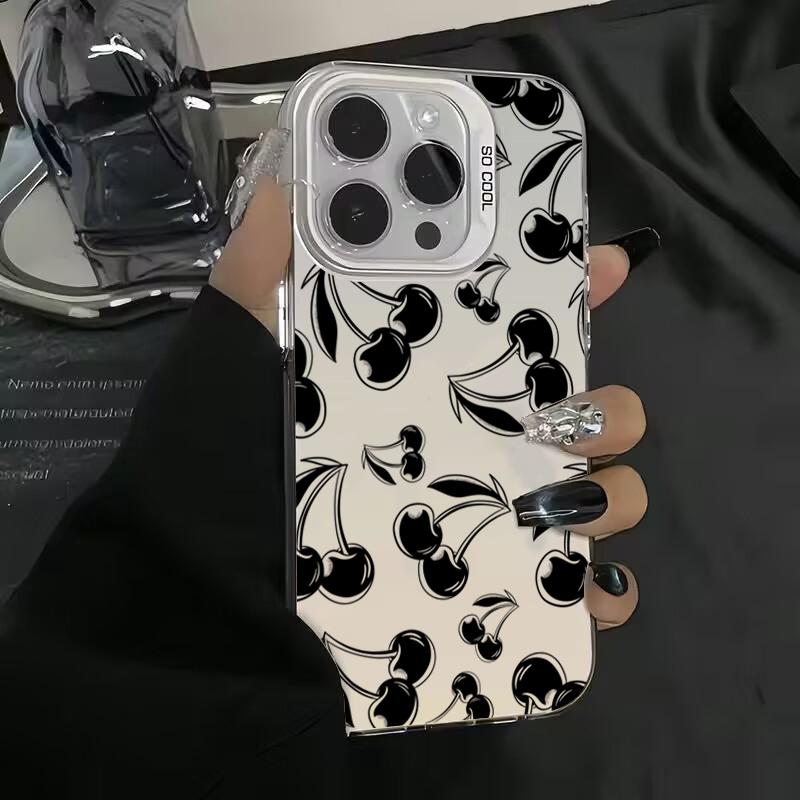 Cute Black Cherry Pattern Matte Laser Phone Case For iPhone 15 Pro Max Case iPhone 16 14 13 12 11 XS X 7 8 Plus Shockproof Cover