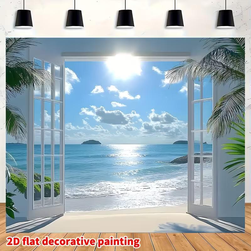 2D Fake Window Tropical Ocean View Vacation Wall Tapestry 47.2x31.5inch/120*80cm