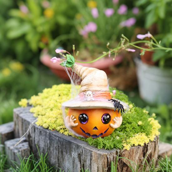 Halloween Pumpkin Ornament Spooky Resin Pumpkin Statue with Hat Spider Skull for Halloween Home Tabletop Decor
