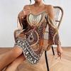 Women's Boho Geometric Print Cold Shoulder Spaghetti Strap Flare Sleeve A Line Mini Dress