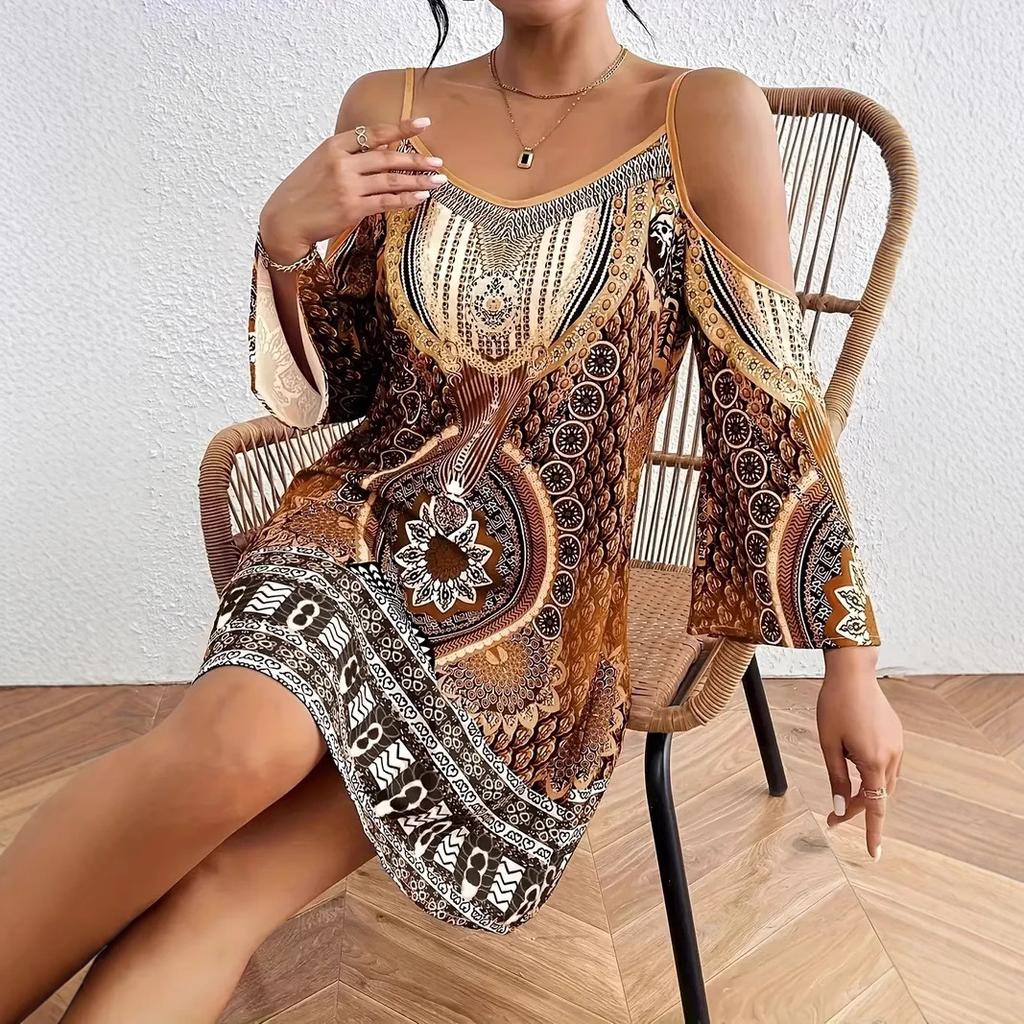 Women's Boho Geometric Print Cold Shoulder Spaghetti Strap Flare Sleeve A Line Mini Dress
