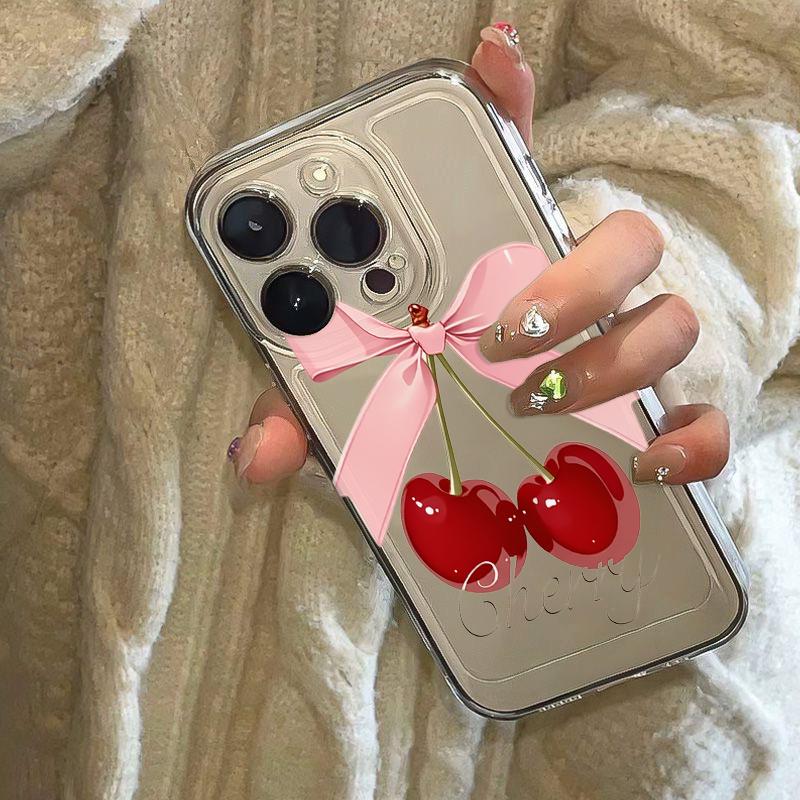 Lovely Bow-Tie Cherry Phone Case for iPhone 17 Air 16 15 14 13 12 11 Pro Max Plus Mini X 8 7 Transparent Cover Fundas Accessory