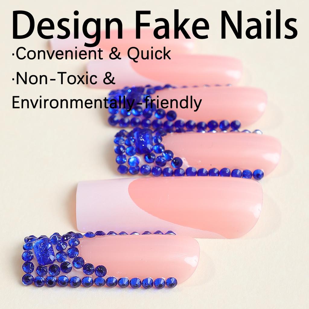Handmade New Style Blue Diamond Sparkling Long Tube False Nails