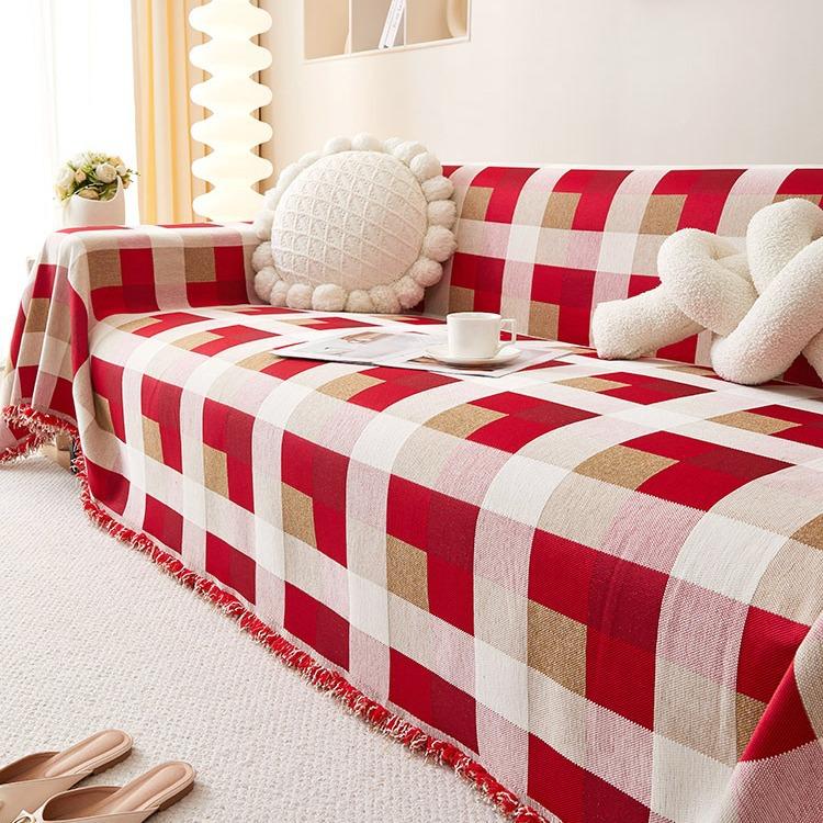 Red Festive Chenille Plaid Sofa Cover Cloth Sofa Towel Four Seasons Universal Sofa Cover Cover One Piece Full Cover Blanket