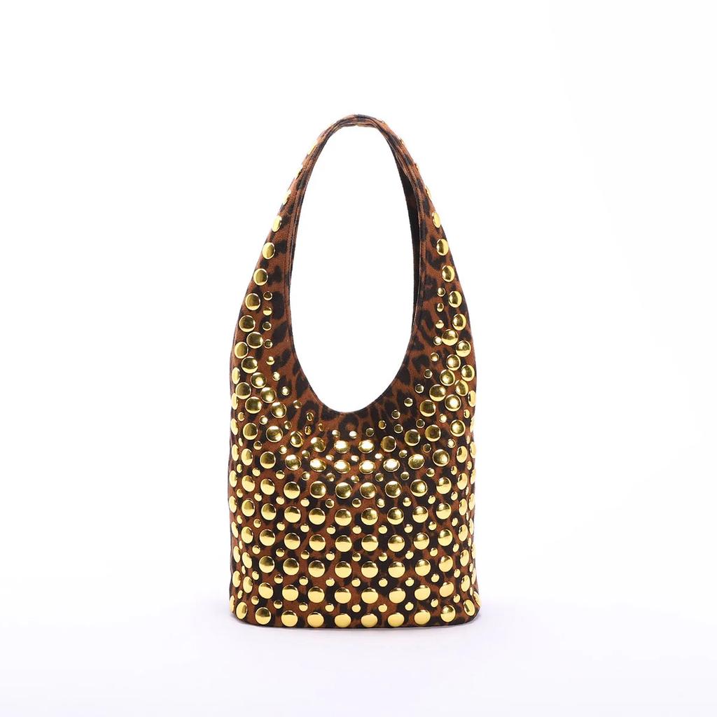 Leopard Rivet Bucket Bags for Women Handbags Luxury Designer Soft Shoulder Bag Punk Studded Shopper Purses Female Clutch Tote