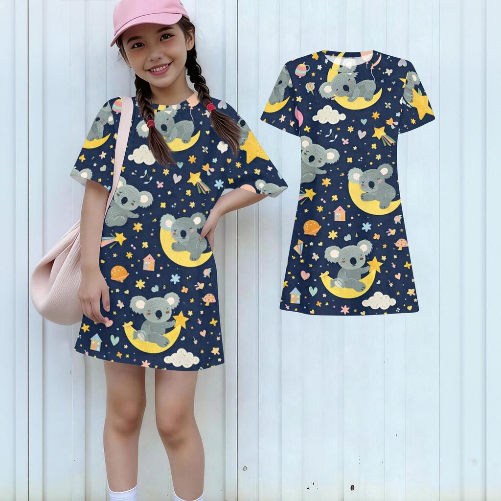 Girls Print Casual Dress Kids Loose Round Neck Short Sleeve Thin Sundress