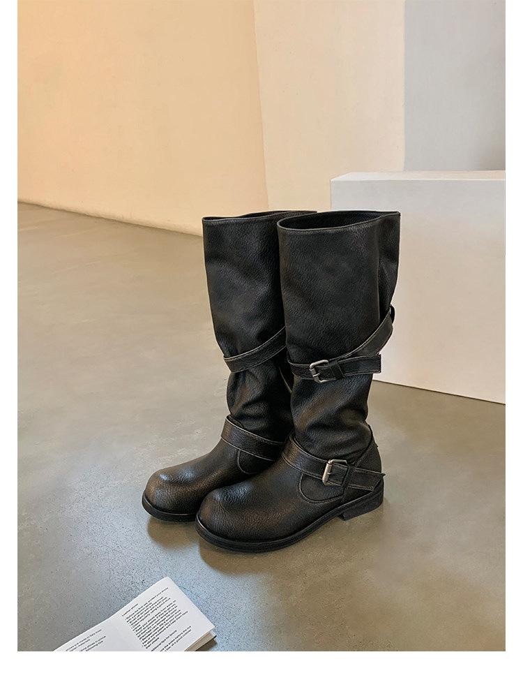 Retro Spice Girl Fashion Wide Tube Big Tube Circumference Round Head Pants Boots Thick Heel Thick Bottom Medium Length Knight Boots Women