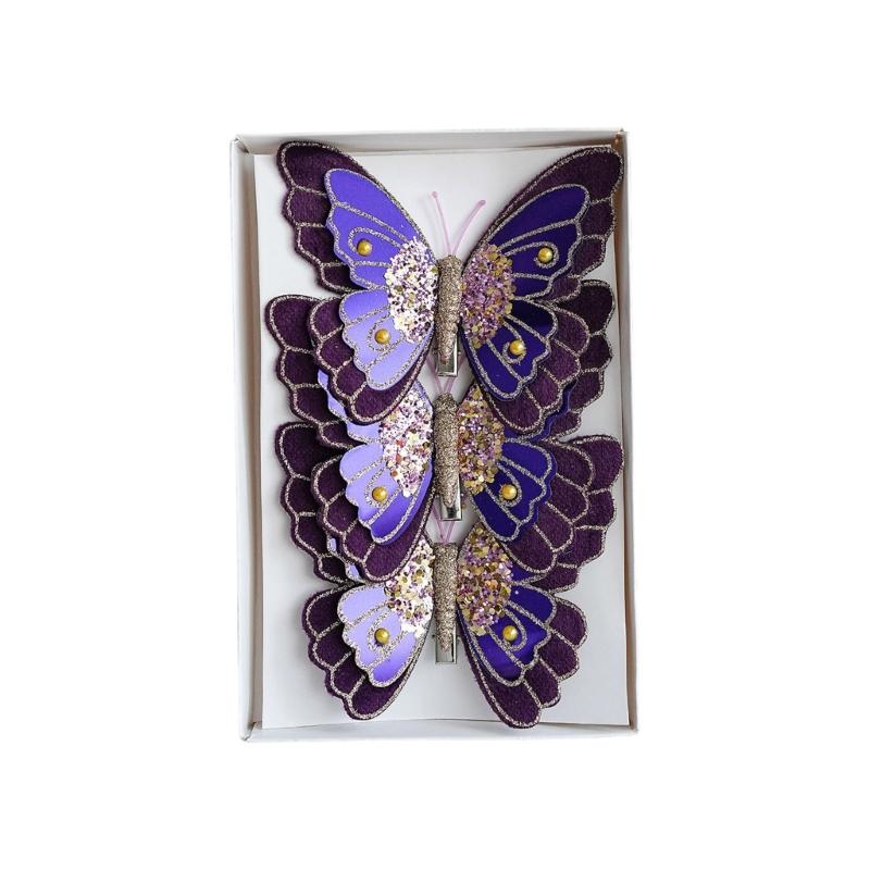 Pack Of 3 Double Layer Butterfly Christmas Tree Clip Accessory Elegant Fabric Ornament For Holiday Decorations