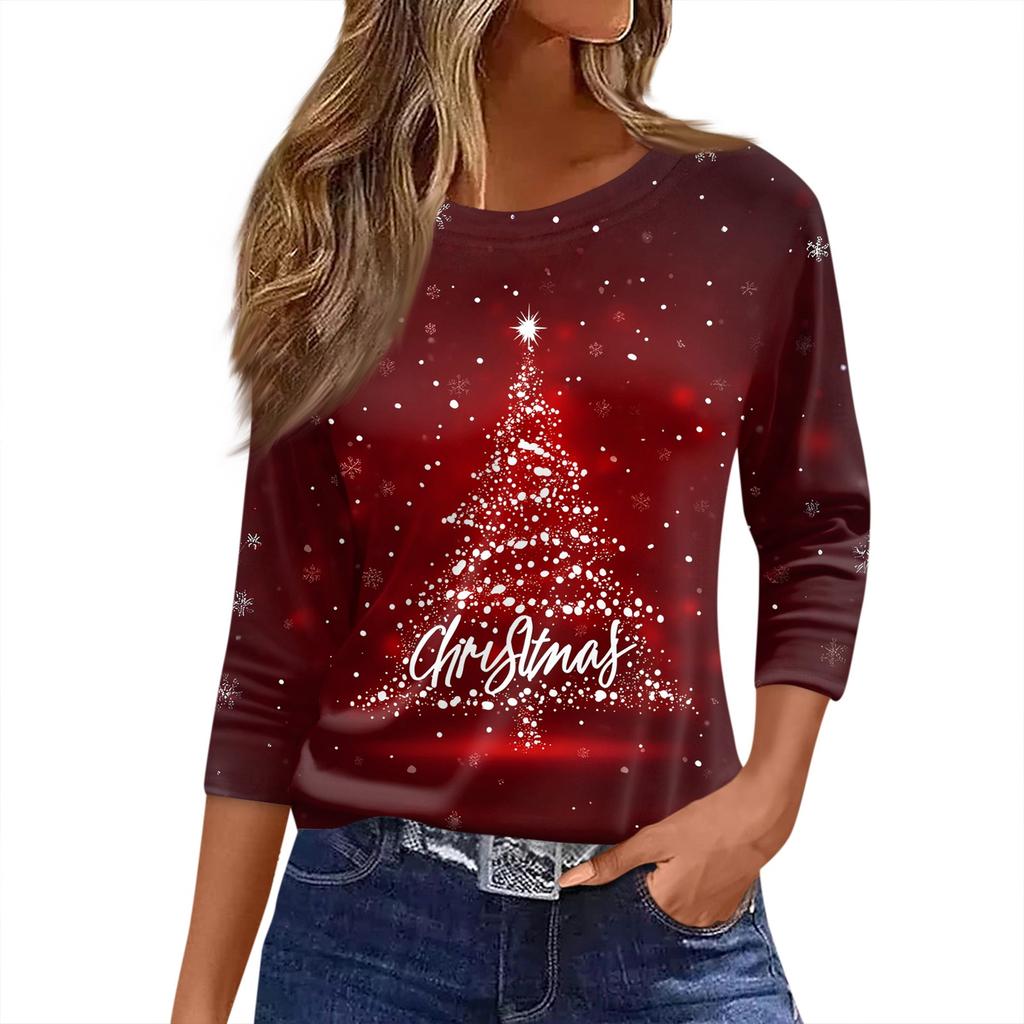 Women's T Shirt Christmas Print 3/4 Sleeve Daily Weekend Fashion Basic Round Neck Regular Top