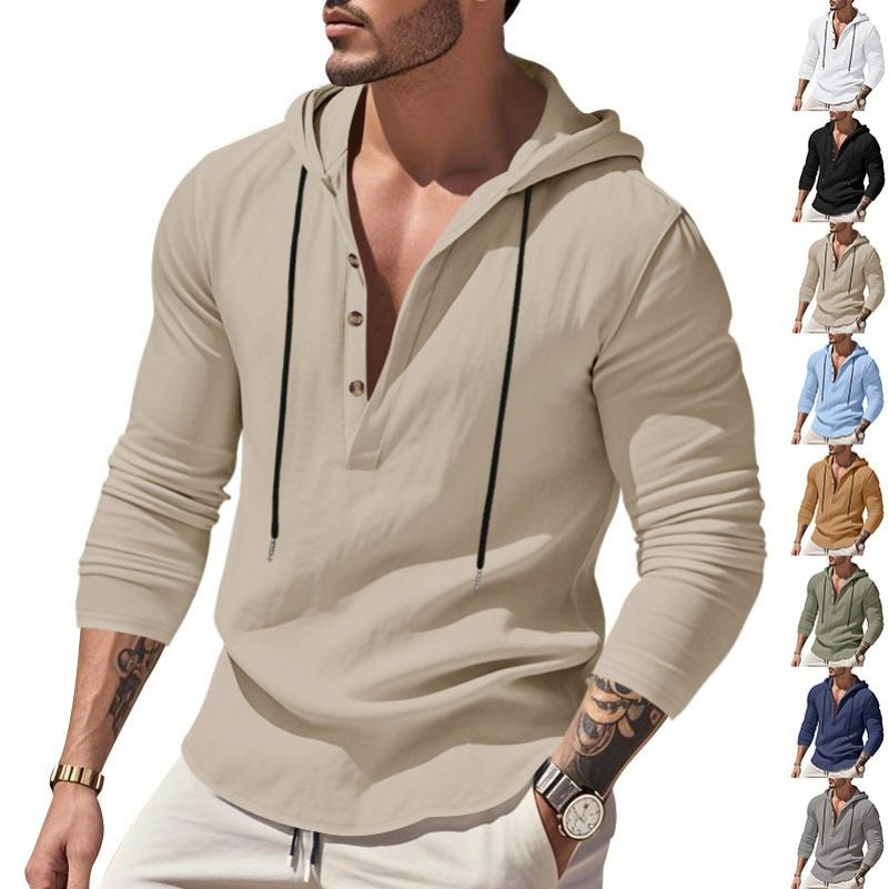 Men's Spring and Autumn Long-sleeved Linen Shirt Hooded Bottoming Shirt Casual T-shirt Sweater Men