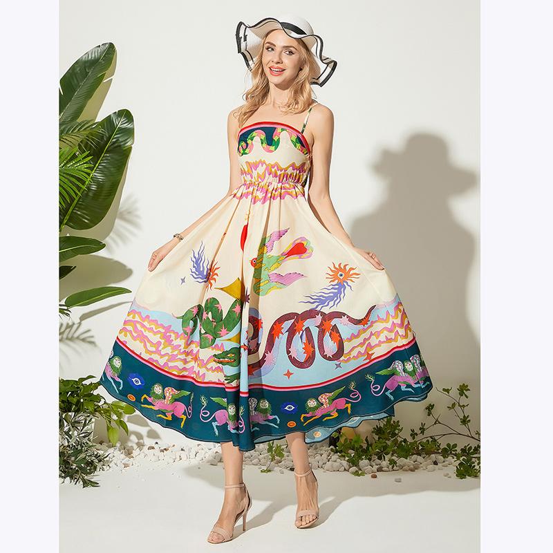 Sommer Damen Vintage Print Laufsteg Sonnenkleider Spaghetti Träger Lang Maxi Urlaub Strandkleid