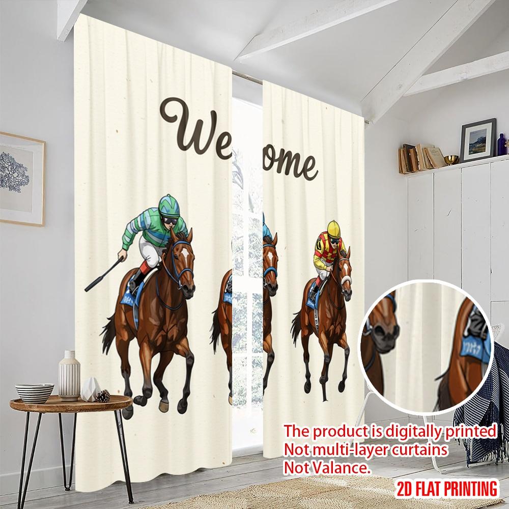 2 st 2D plattryckta Fönstergardiner Välkommen Hästkapplöpning Jockeys 100% Polyester Utan El Semesterdekorationer
